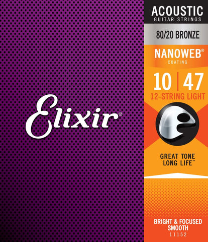 Cuerdas Elixir Bronce 80/20 Nanoweb 10-47 (Para Guitarra de 12 cuerdas)